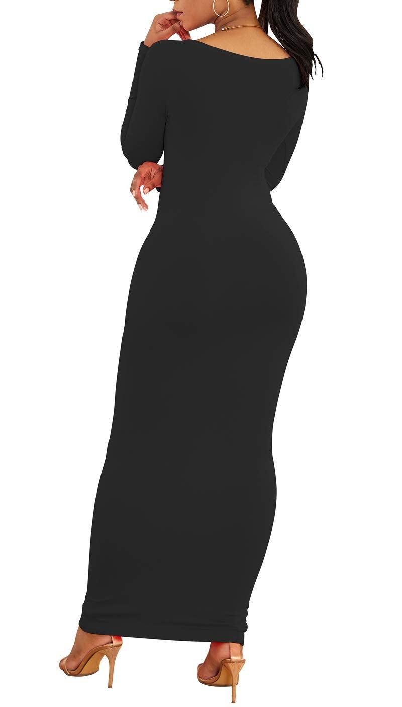 PRIMODA Women's Scoop Neck Long Sleeve Bodycon Maxi Dress Casual Long Dress(L Black) - Image 2